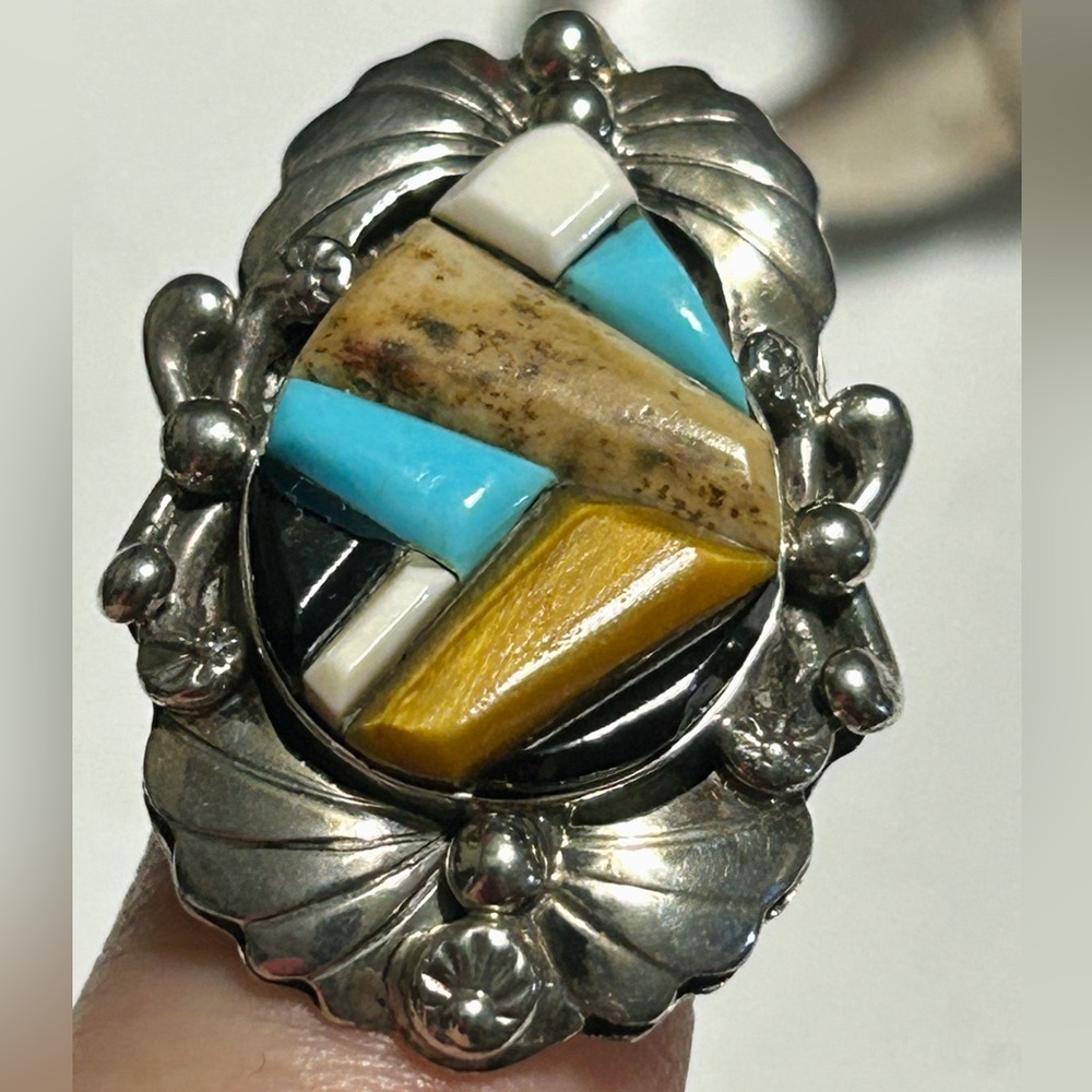 SIGNED JIMMY YAZZIE NAVAJO COBBLESTONE MOSAIC RING 925 TURQUOISE ONYX TIGEREYE!!